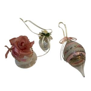 Vintage Glass Christmas Ornaments floral Bows Ribbon Shabby Chic Victorian